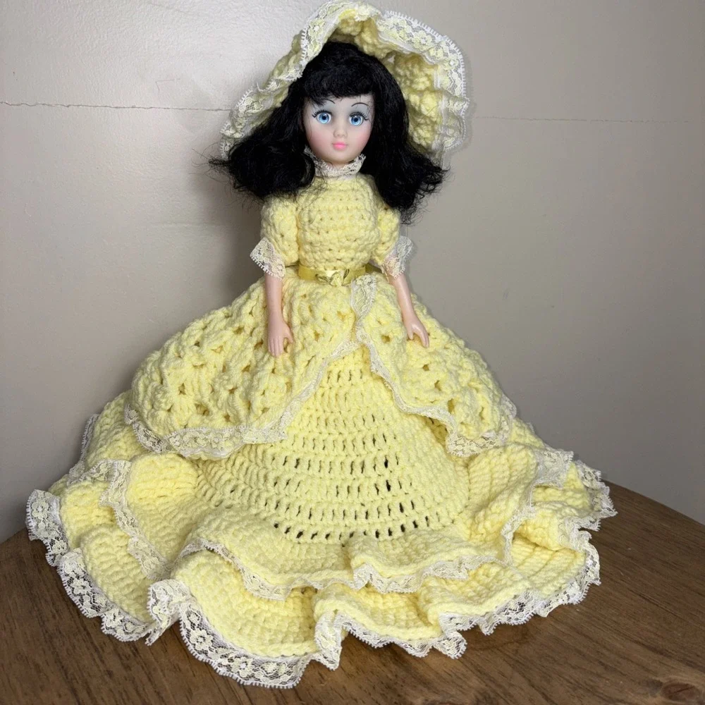 Vintage Crochet Doll Handmade Yellow Dress